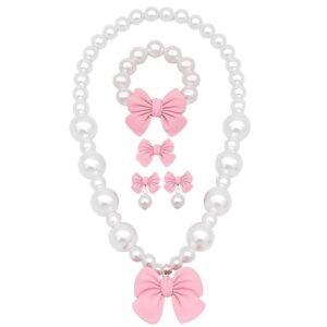 Necklace Earring Bracelet Ring Set Jewelry Bow Pearl Necklace Bracelet Set For Kids,
