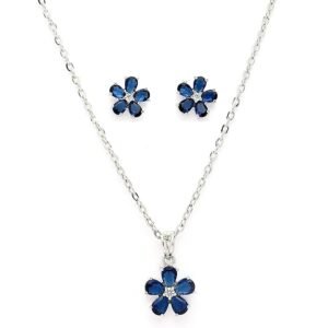 Silver Plated American Diamond Studded Floral Shaped Pendant Chain With Earrings